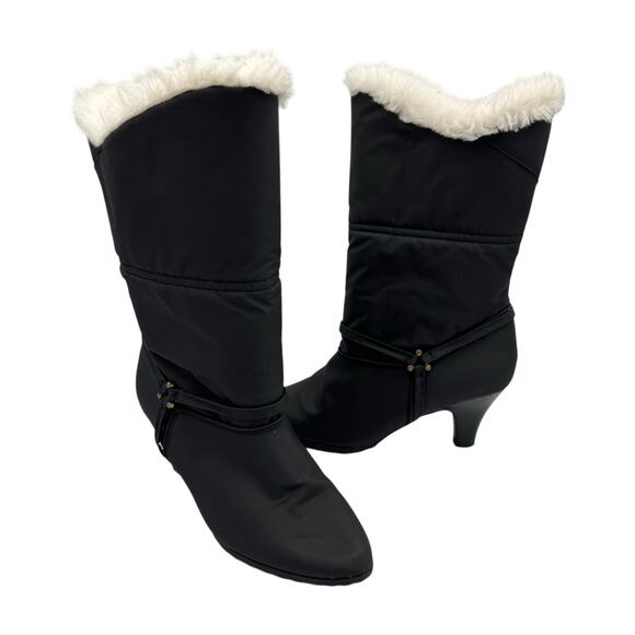 R.O.C. Vintage Black Nylon Mid Calf Faux Fur Pointed Toe Cone Heel Pull On Boots - Picture 1 of 12